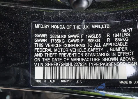 2017 Honda Civic Sport из США, поврежденный, VIN SHHFK7G40HU227934